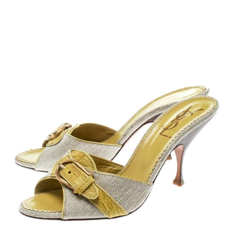 Pre Owned Saint Laurent Paris Lime Green/Beige Leather and Canvas Buckle Details Slide Sandals Size 41