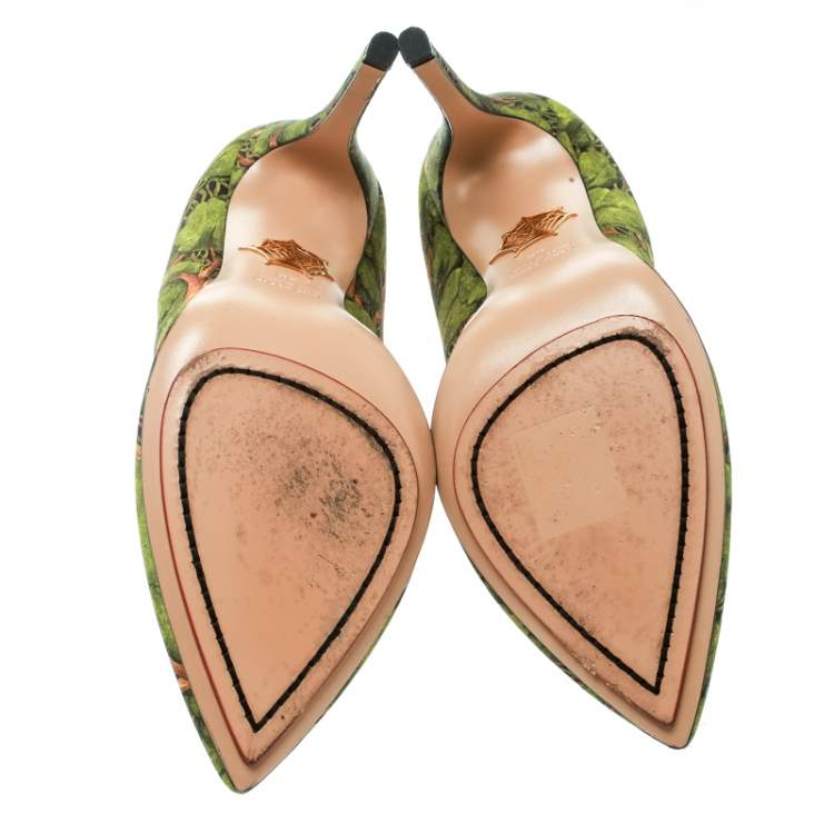 Pre Owned Charlotte Olympia Green Printed Satin Bear Necessities Pointed Toe Pumps Size 38