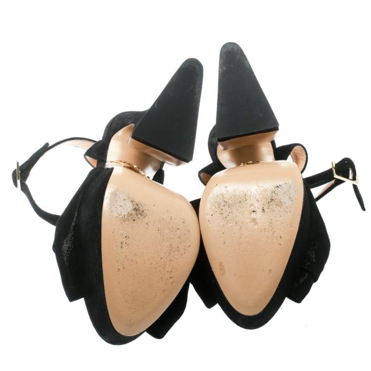 مملوكة مسبقًا Charlotte Olympia Black Suede Vreeland Ankle Strap Platform Sandals Size 37.5