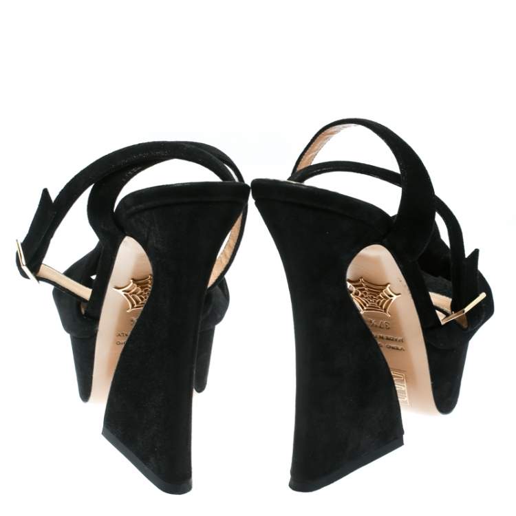 مملوكة مسبقًا Charlotte Olympia Black Suede Vreeland Ankle Strap Platform Sandals Size 37.5