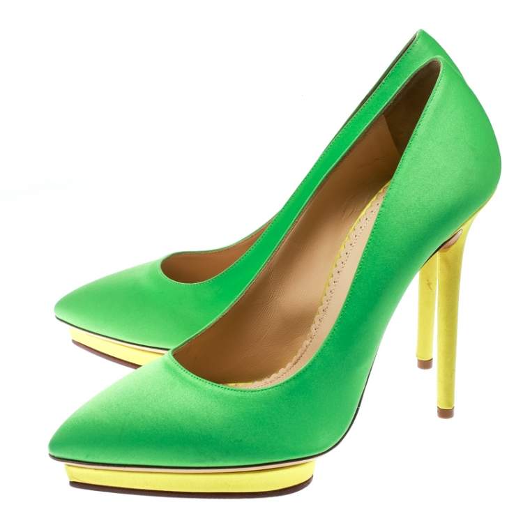 مملوكة مسبقًا Charlotte Olympia Green Satin Debonaire Pointed Toe Platform Pumps Size 40