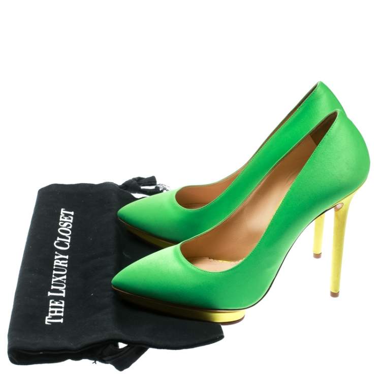 مملوكة مسبقًا Charlotte Olympia Green Satin Debonaire Pointed Toe Platform Pumps Size 40