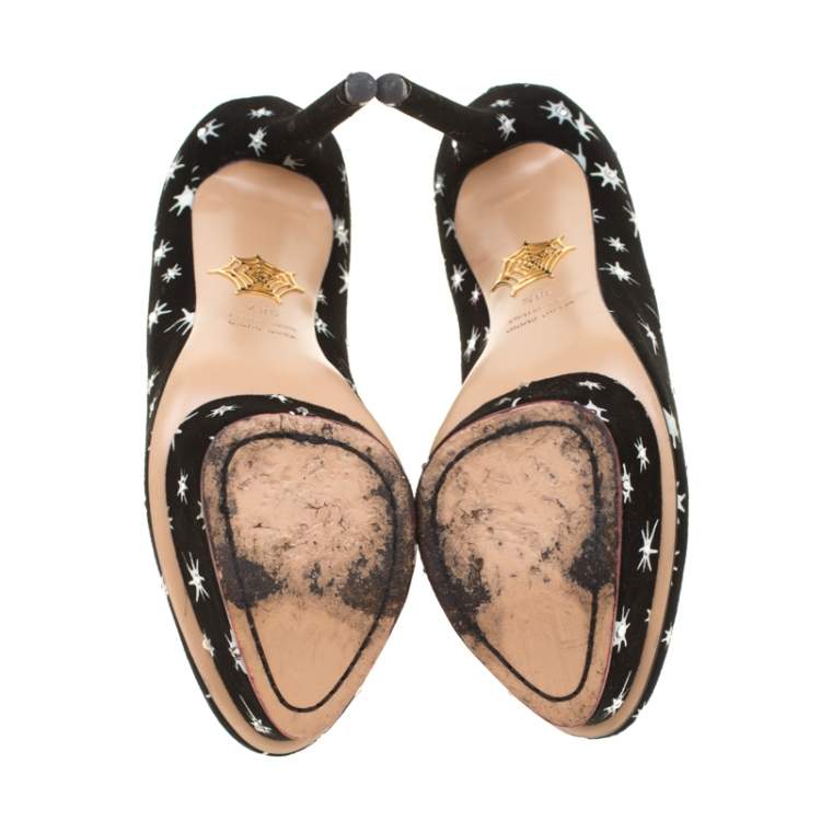 Pre Owned Charlotte Olympia Black Crystal Embellished Printed Suede Joise Platform Pumps Size 38.5