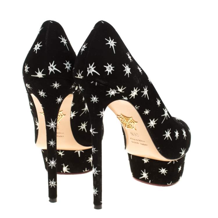 Pre Owned Charlotte Olympia Black Crystal Embellished Printed Suede Joise Platform Pumps Size 38.5
