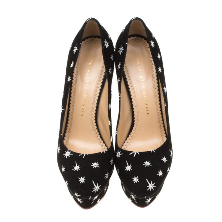 Pre Owned Charlotte Olympia Black Crystal Embellished Printed Suede Joise Platform Pumps Size 38.5