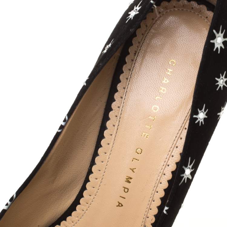 Pre Owned Charlotte Olympia Black Crystal Embellished Printed Suede Joise Platform Pumps Size 38.5
