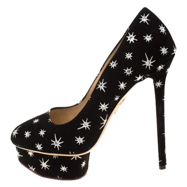Pre Owned Charlotte Olympia Black Crystal Embellished Printed Suede Joise Platform Pumps Size 38.5