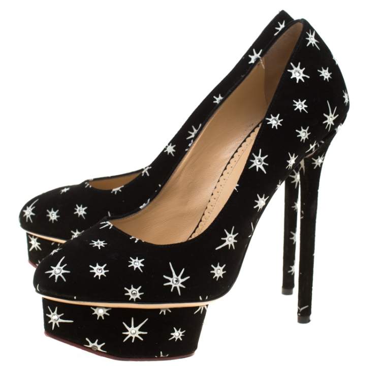 Pre Owned Charlotte Olympia Black Crystal Embellished Printed Suede Joise Platform Pumps Size 38.5