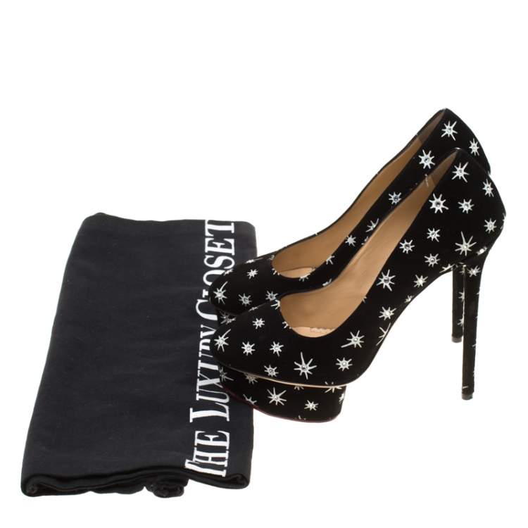 Pre Owned Charlotte Olympia Black Crystal Embellished Printed Suede Joise Platform Pumps Size 38.5