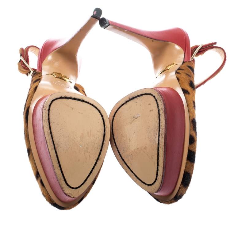 Pre Owned Charlotte Olympia Brown Leopard Pony Hair Slingback Platform Sandals Size 40