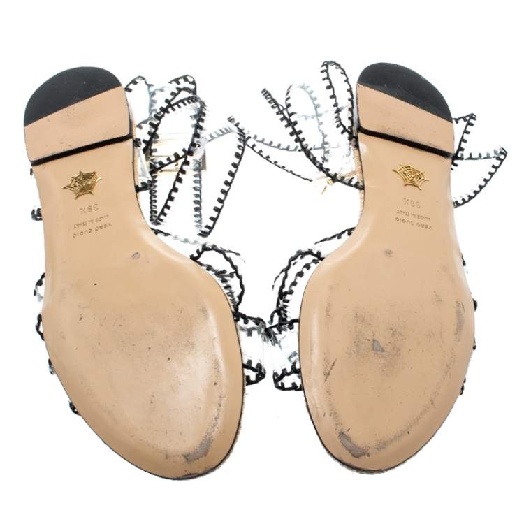 Pre Owned Charlotte Olympia Black PVC Lupita Skull Ankle Wrap Flat Sandals Size 39.5