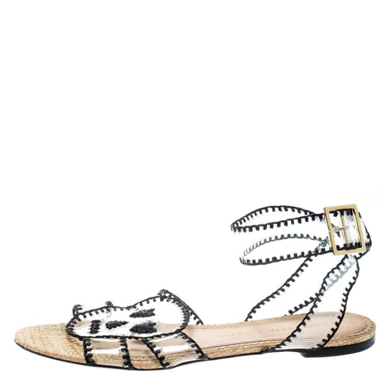Pre Owned Charlotte Olympia Black PVC Lupita Skull Ankle Wrap Flat Sandals Size 39.5