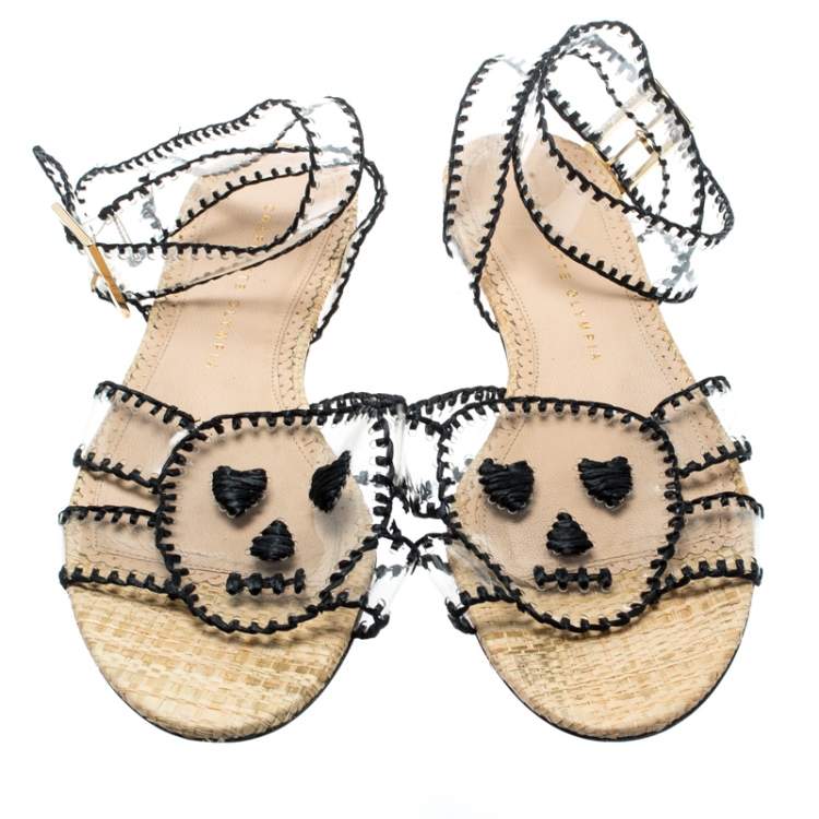 Pre Owned Charlotte Olympia Black PVC Lupita Skull Ankle Wrap Flat Sandals Size 39.5