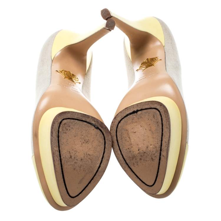 Pre Owned Charlotte Olympia Yellow Leather And Beige Canvas Dolly Platform Pumps Size 37.5