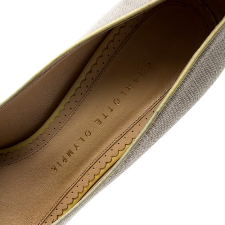 Pre Owned Charlotte Olympia Yellow Leather And Beige Canvas Dolly Platform Pumps Size 37.5