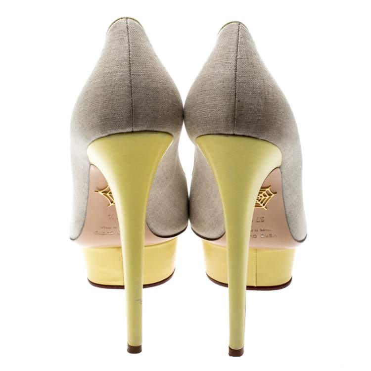 Pre Owned Charlotte Olympia Yellow Leather And Beige Canvas Dolly Platform Pumps Size 37.5