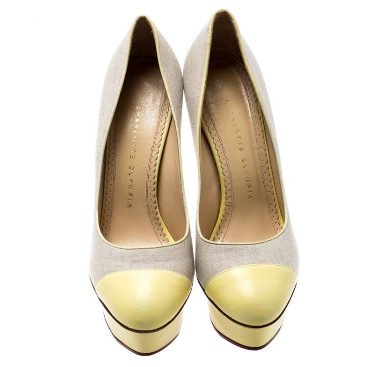 Pre Owned Charlotte Olympia Yellow Leather And Beige Canvas Dolly Platform Pumps Size 37.5