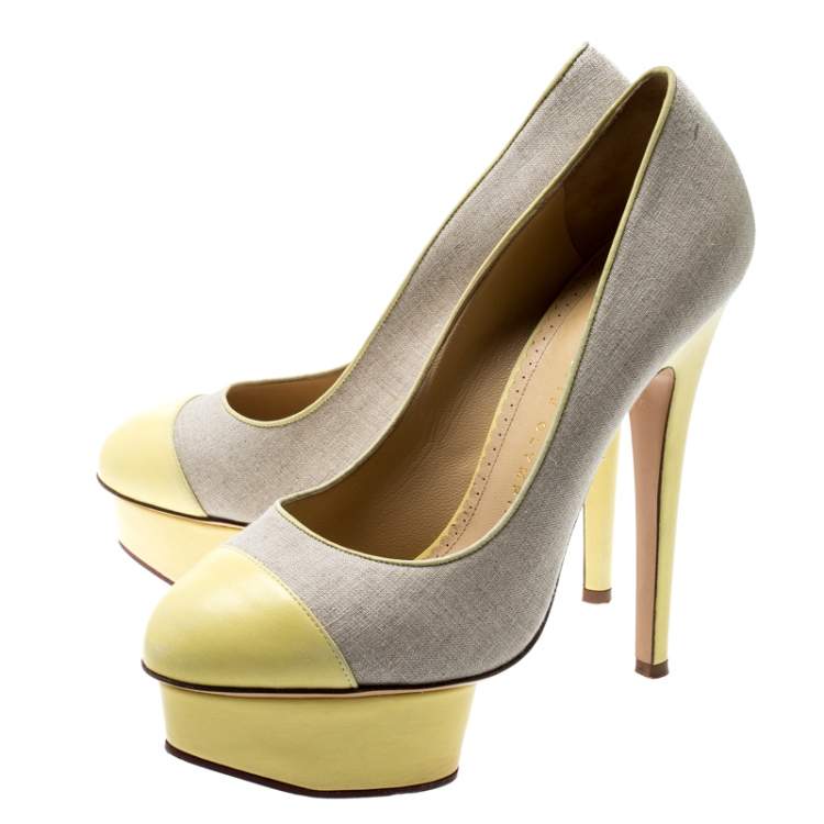 Pre Owned Charlotte Olympia Yellow Leather And Beige Canvas Dolly Platform Pumps Size 37.5