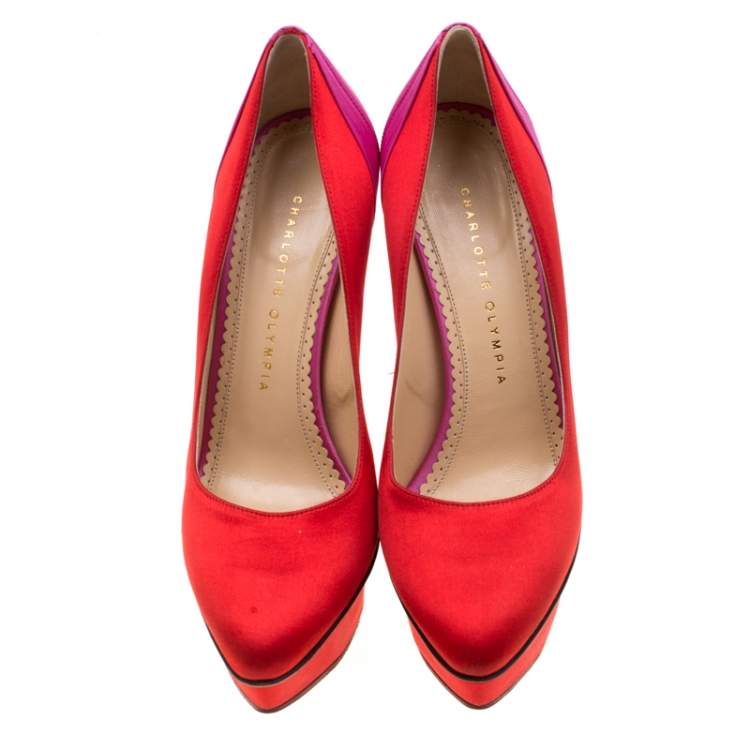 Pre Owned Charlotte Olympia Red/Pink Satin Masako Platform Pumps Size 39