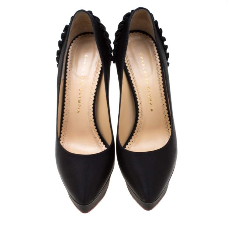 Pre Owned Charlotte Olympia Black Satin Paloma Fan Pleat Platform Pumps Size 39