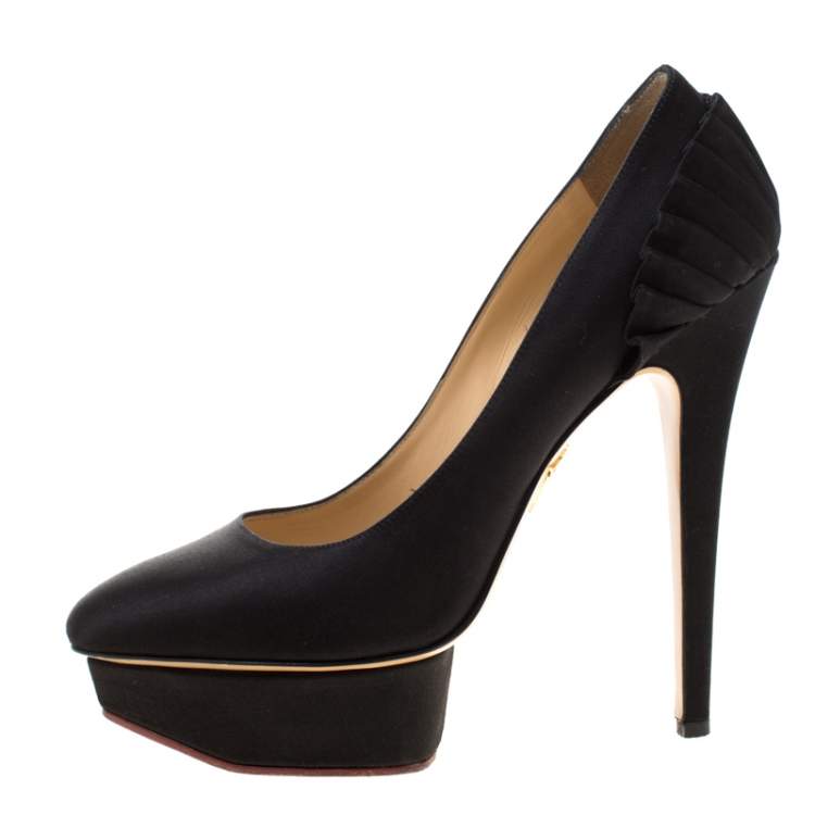 Pre Owned Charlotte Olympia Black Satin Paloma Fan Pleat Platform Pumps Size 39
