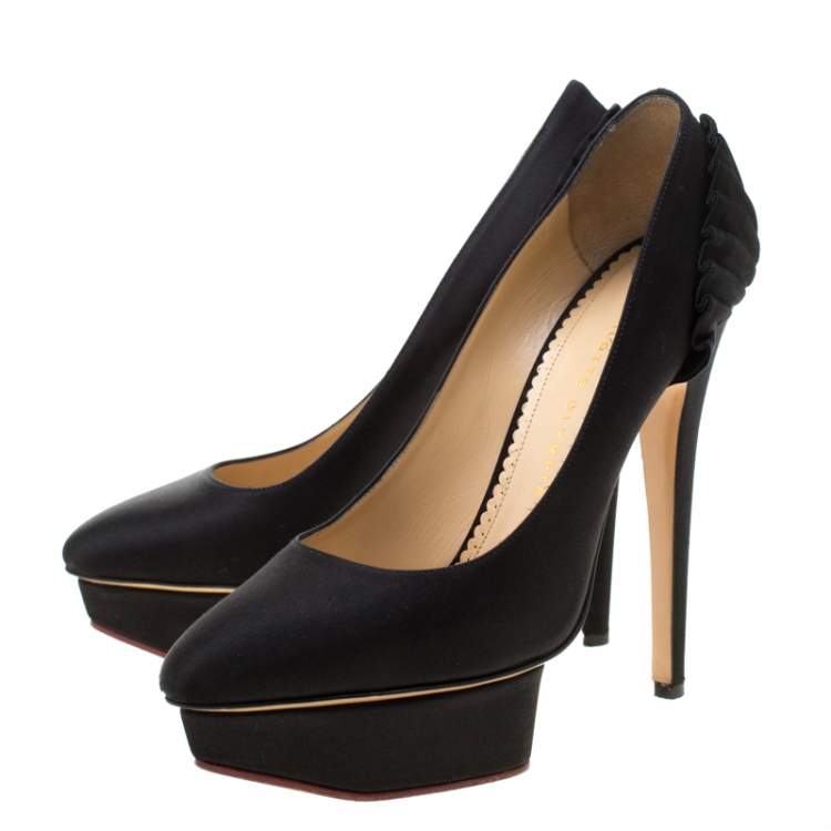 Pre Owned Charlotte Olympia Black Satin Paloma Fan Pleat Platform Pumps Size 39