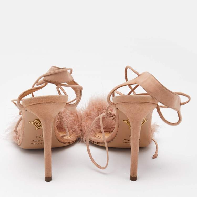 Pre Owned Charlotte Olympia Beige Leather And Fur Trim Salsa Ankle Strap Sandals Size 37.5