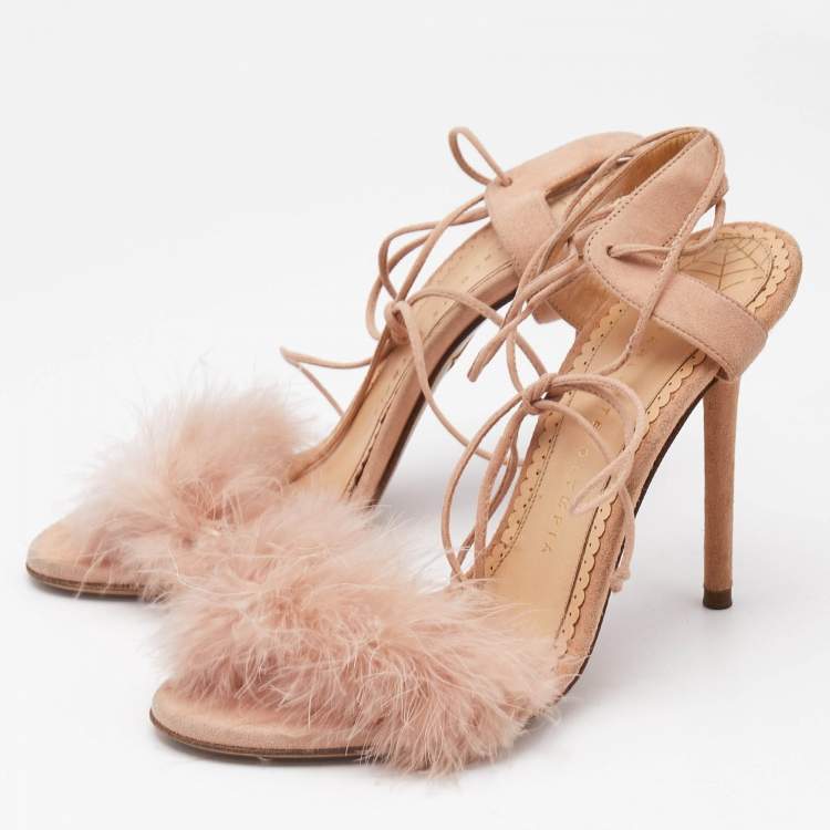 Pre Owned Charlotte Olympia Beige Leather And Fur Trim Salsa Ankle Strap Sandals Size 37.5