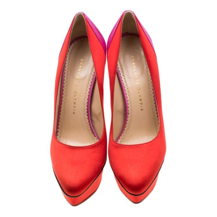 Pre Owned Charlotte Olympia Red Satin Paloma Platform Pumps Size 39