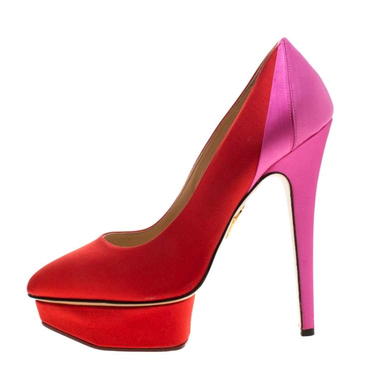 Pre Owned Charlotte Olympia Red Satin Paloma Platform Pumps Size 39