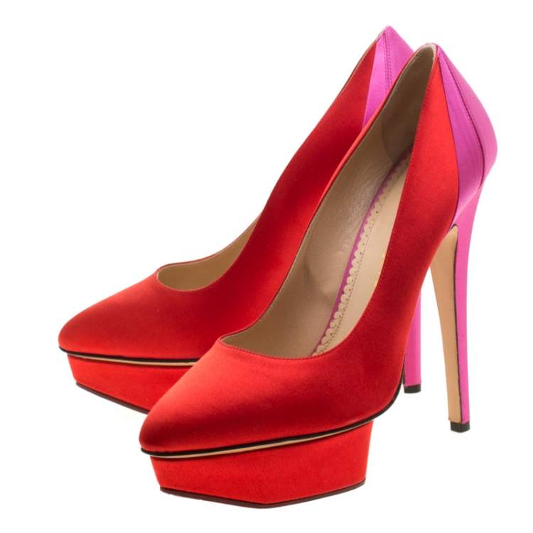 Pre Owned Charlotte Olympia Red Satin Paloma Platform Pumps Size 39