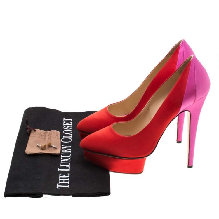 Pre Owned Charlotte Olympia Red Satin Paloma Platform Pumps Size 39