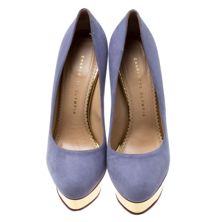 Pre Owned Charlotte Olympia Blue Suede Dolly Platform Pumps Size 38.5