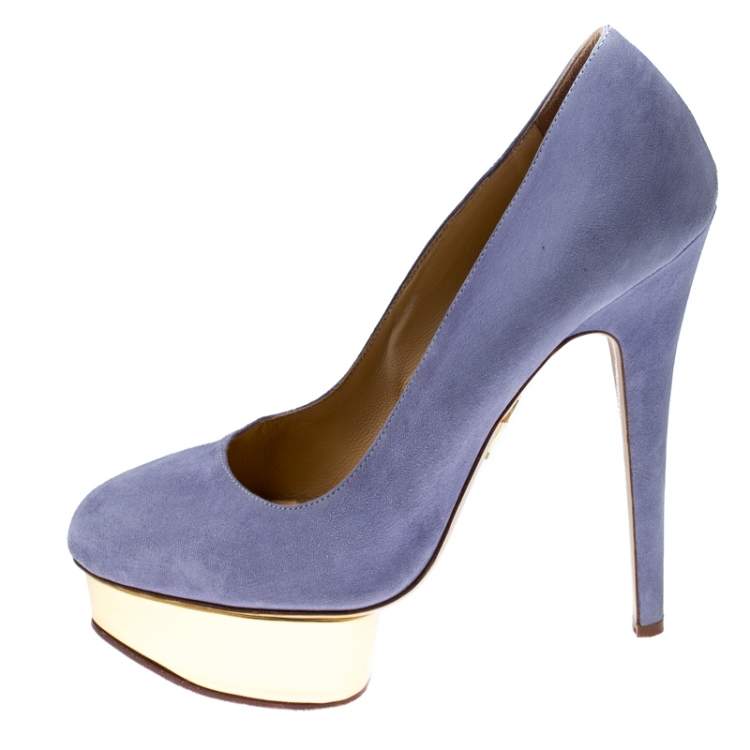 Pre Owned Charlotte Olympia Blue Suede Dolly Platform Pumps Size 38.5