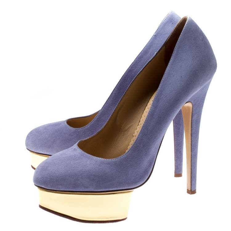 Pre Owned Charlotte Olympia Blue Suede Dolly Platform Pumps Size 38.5
