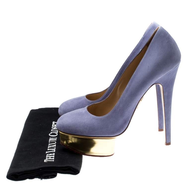 Pre Owned Charlotte Olympia Blue Suede Dolly Platform Pumps Size 38.5