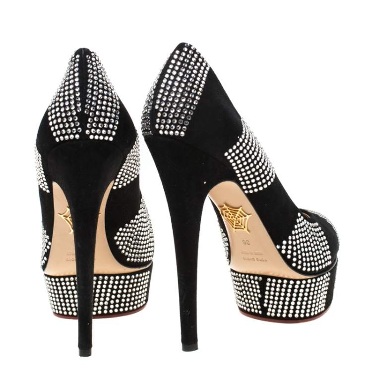 Pre Owned Charlotte Olympia Black Suede Paparazzi Crystal Embellished Platform Pumps Size 38