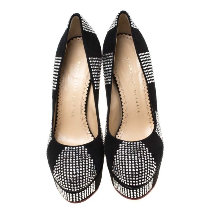 Pre Owned Charlotte Olympia Black Suede Paparazzi Crystal Embellished Platform Pumps Size 38