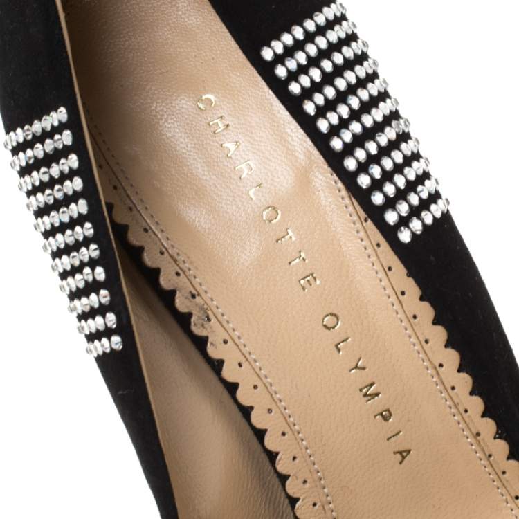 Pre Owned Charlotte Olympia Black Suede Paparazzi Crystal Embellished Platform Pumps Size 38