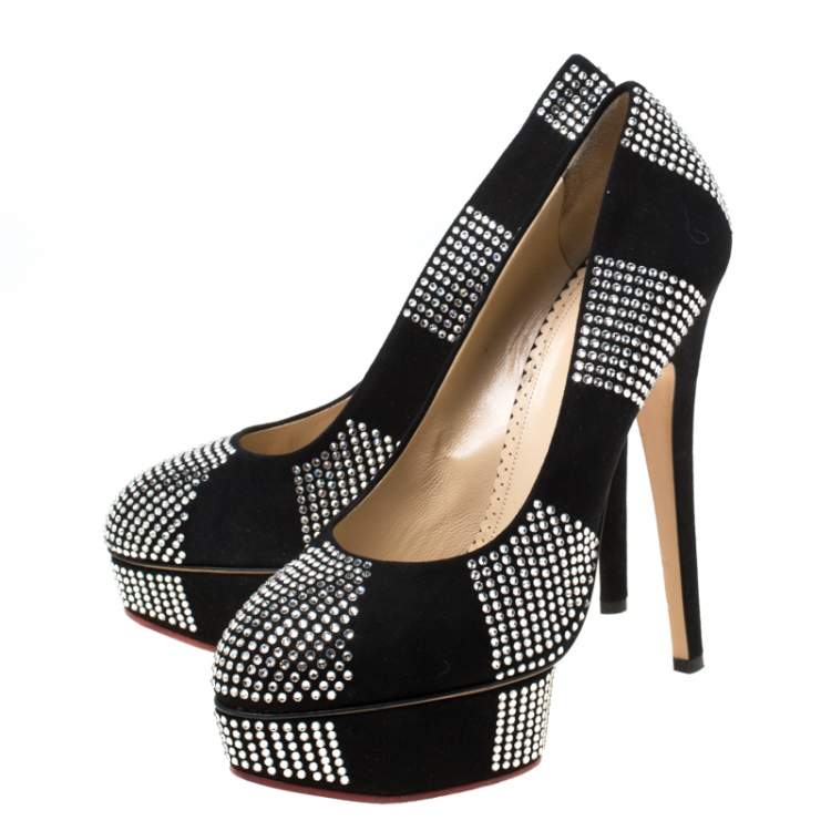 Pre Owned Charlotte Olympia Black Suede Paparazzi Crystal Embellished Platform Pumps Size 38