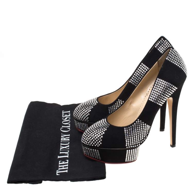 Pre Owned Charlotte Olympia Black Suede Paparazzi Crystal Embellished Platform Pumps Size 38
