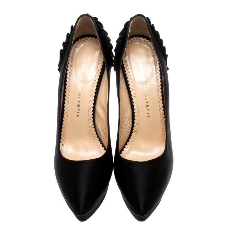 Pre Owned Charlotte Olympia Black Satin Paloma Fan Pleat Platform Pumps Size 40