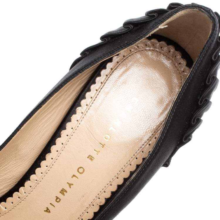 Pre Owned Charlotte Olympia Black Satin Paloma Fan Pleat Platform Pumps Size 40