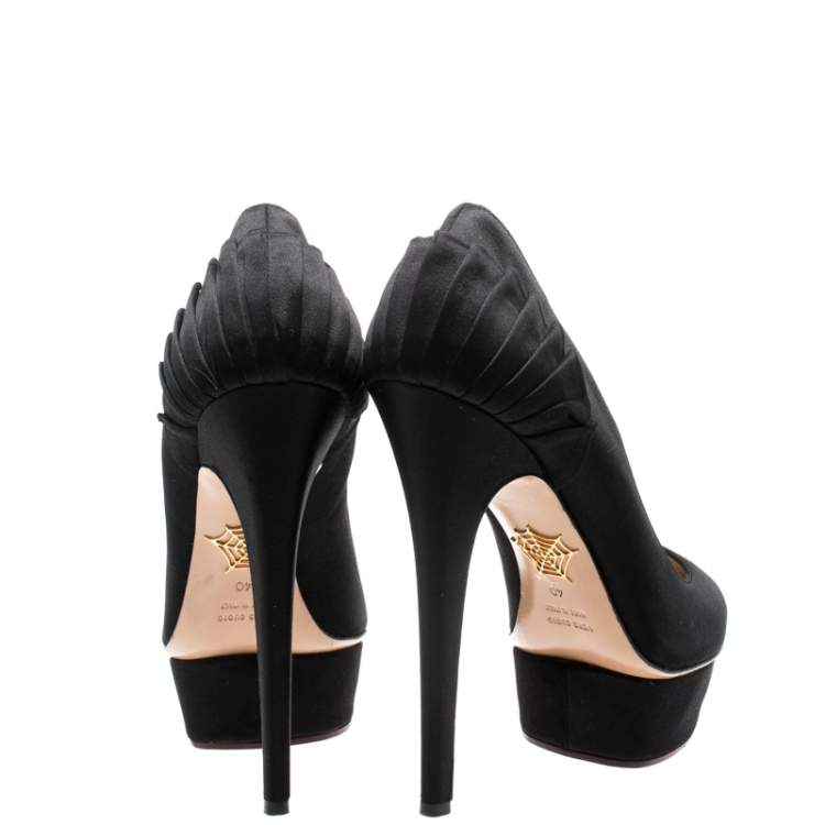 Pre Owned Charlotte Olympia Black Satin Paloma Fan Pleat Platform Pumps Size 40