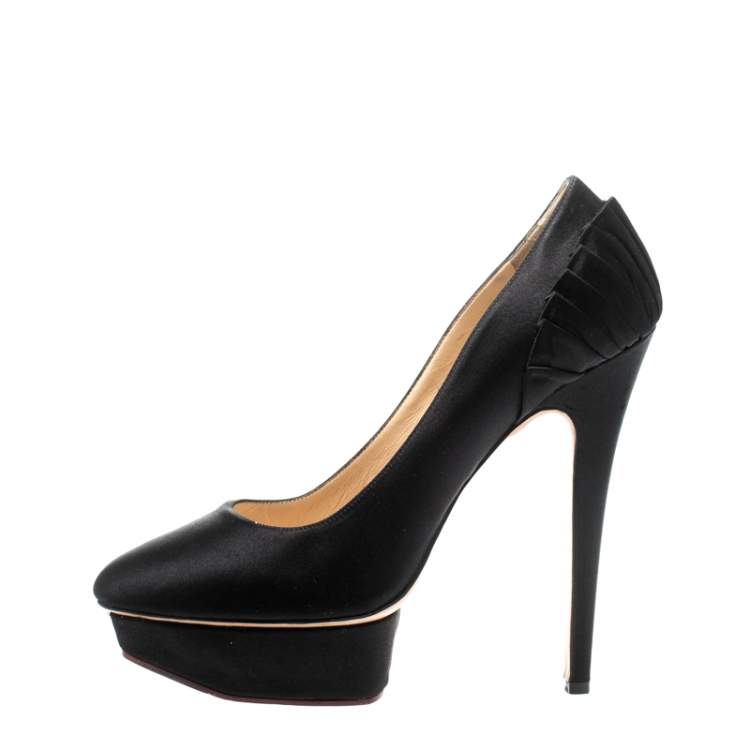Pre Owned Charlotte Olympia Black Satin Paloma Fan Pleat Platform Pumps Size 40