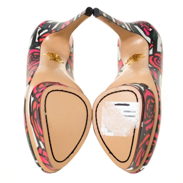 Pre Owned Charlotte Olympia Multicolor Rose Print Leather Dolly Platform Pumps Size 38.5