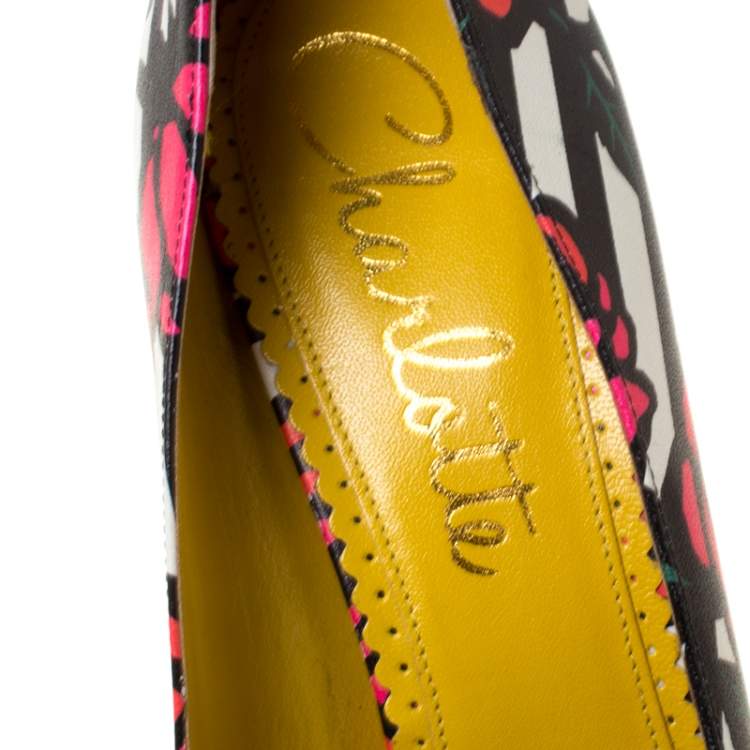Pre Owned Charlotte Olympia Multicolor Rose Print Leather Dolly Platform Pumps Size 38.5