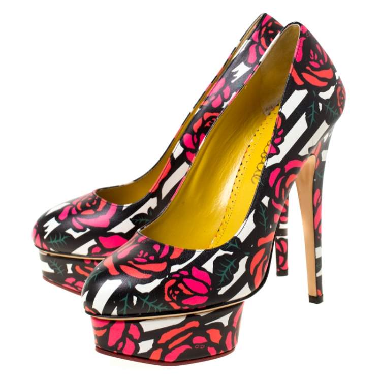 Pre Owned Charlotte Olympia Multicolor Rose Print Leather Dolly Platform Pumps Size 38.5