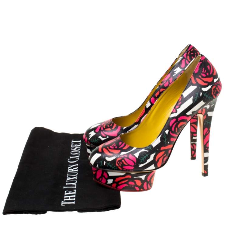 Pre Owned Charlotte Olympia Multicolor Rose Print Leather Dolly Platform Pumps Size 38.5