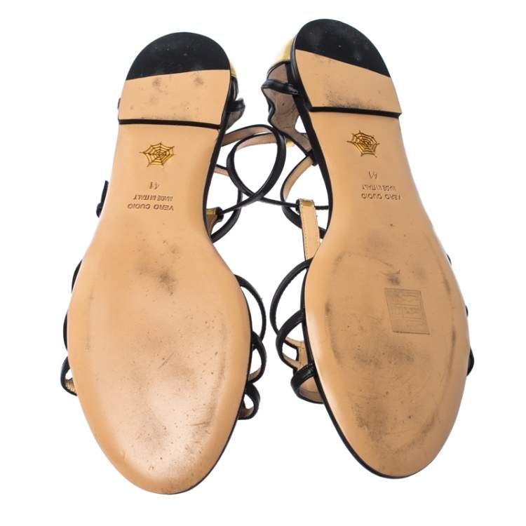 Pre Owned Charlotte Olympia Black/Gold Leather Parisienne Eiffel Tower Flat Sandals Size 41